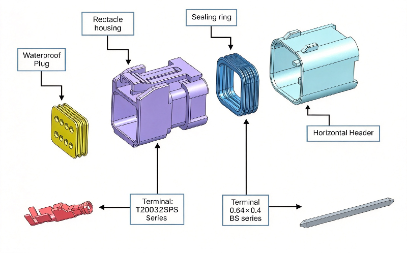 Exploded view of HRB 2.0mm cost-effective type dual‑row wire‑to‑board waterproof connector, housing, silicone seals, pcb header and crimp terminals Vista esplosa del conveniente connettore impermeabile cavo-scheda a doppia fila da 2,0 mm HRB, alloggiamento, guarnizioni in silicone, basetta PCB e terminali a crimpare