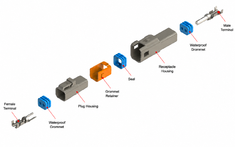 Vista esplosa del connettore impermeabile filo-filo HRB da 2,0 mm a doppia fila, dell'alloggiamento, delle guarnizioni in silicone e dei terminali a crimpare