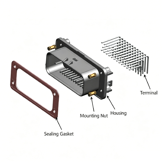 Vista esplosa del connettore impermeabile della scheda PCB ad angolo retto serie HRB M4021R