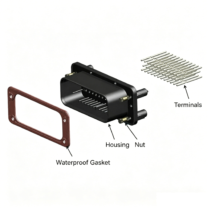 Vista esplosa del connettore impermeabile della scheda PCB verticale serie HRB M4021