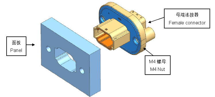 Fase di installazione con montaggio a pannello per connettore femmina impermeabile HRB, disegno tecnico